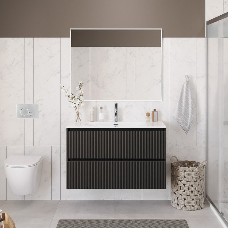 Тумба с раковиной BelBagno Uno 100 подвесная, 2 ящика, матовая темно-серая