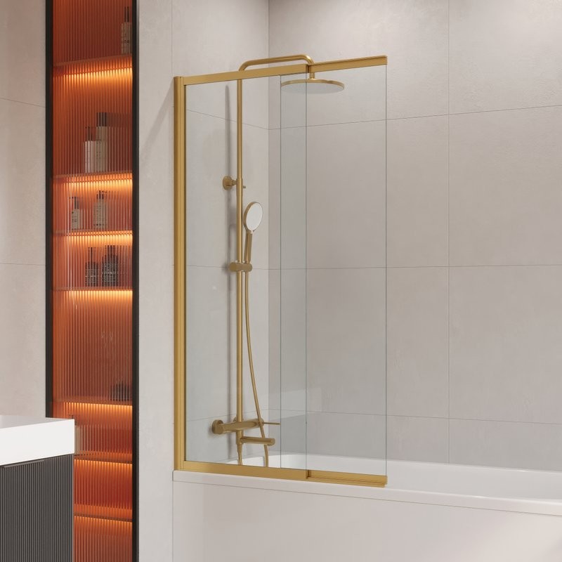 Шторка на ванну Cezares Slider VF-11-90/150-C-BORO профиль брашированное золото, стекло прозрачное