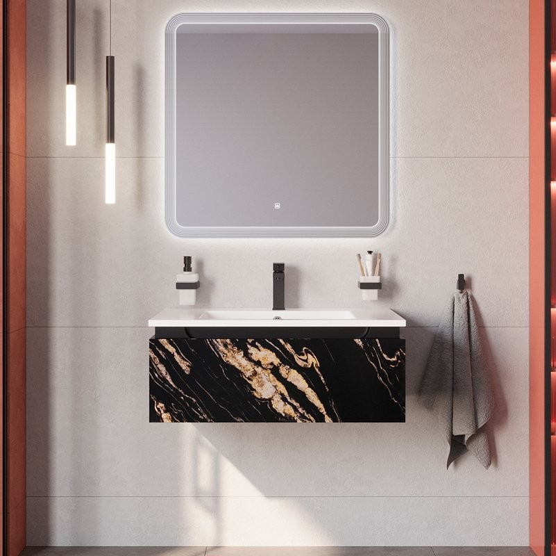 Тумба с раковиной Cezares Slider 80 подвесная, 1 ящик, черный фьюжн