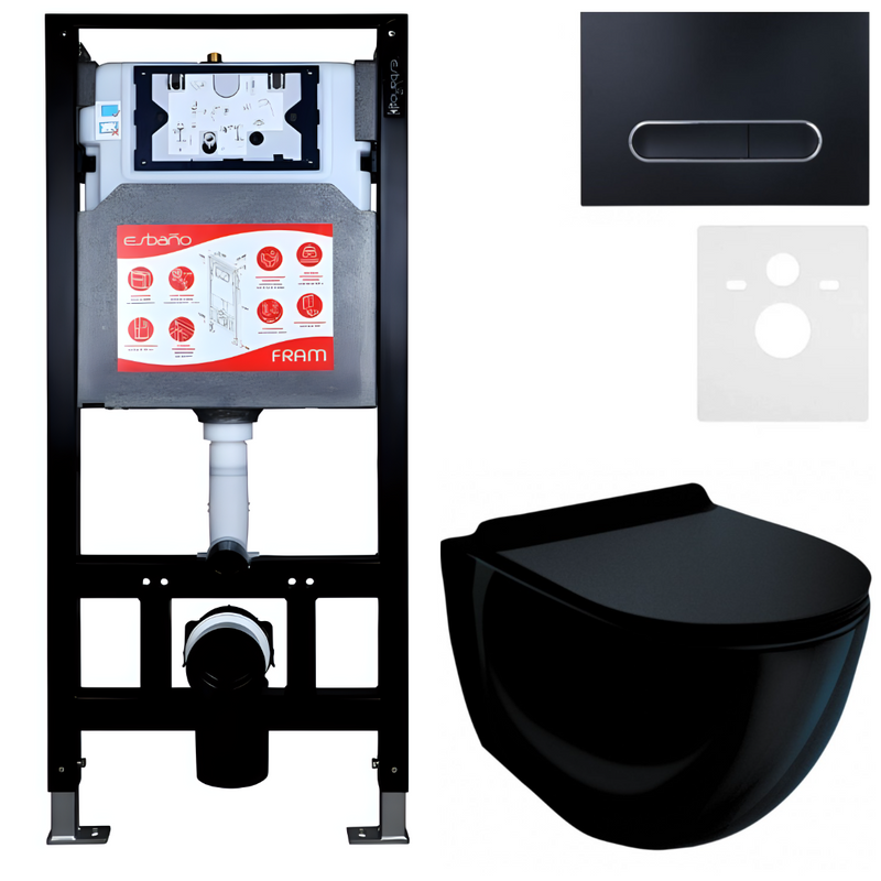 Комплект Унитаз подвесной Esbano Garcia ESUPGARCB черный глянец + Инсталляция Fram + Кнопка ESINOVL17MB