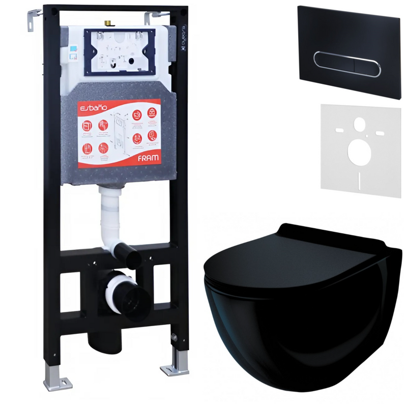 Комплект Унитаз подвесной Esbano Garcia ESUPGARCB черный глянец + Инсталляция Fram + Кнопка ESINOVL17MB