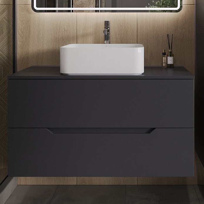 Тумба с раковиной Orange Line 100 подвесная, 2 ящика, матовый графит с раковиной B02-460W