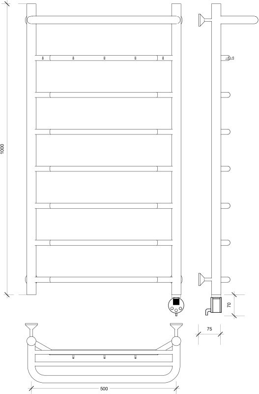 Полотенцесушитель электрический Secado Агата 1 КСП 100x50 см, подключение справа, матовый черный, лесенка, с полкой