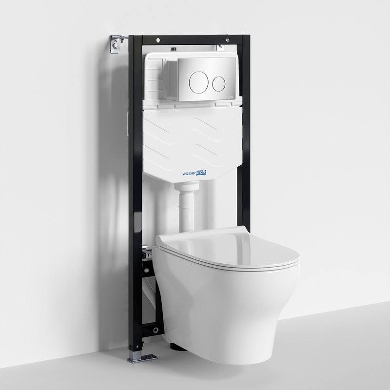 Комплект Унитаз подвесной WasserKRAFT Berkel H001 безободковый + Крышка для унитаза E034 + Система инсталляции для унитазов Aller 10TLT.010.ME + Кнопка смыва RG04