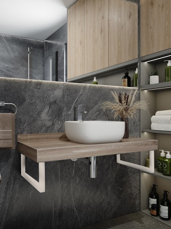 Столешница с раковиной Teymi Helmi 100 дуб кашмир, раковина Solli 41,  с белыми кронштейнами