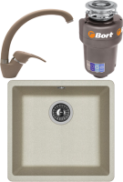 Комплект Мойка Florentina Вега 400 грей + Смеситель Омега FL грей + Измельчитель Bort Titan Max Power
