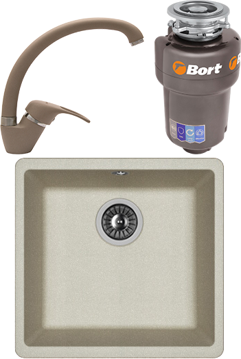 Комплект Мойка Florentina Вега 400 грей + Смеситель Омега FL грей + Измельчитель Bort Titan Max Power