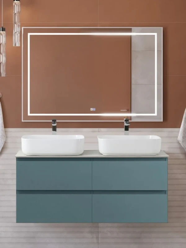 Мебель для ванной комнаты BelBagno Kraft 120 подвесная, матовая голубая, столешница kep-120-2-cem, раковина BB1304, для двоих