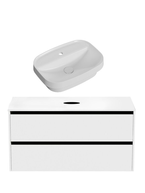 Тумба с раковиной Allen Brau Activity 120 с подсветкой, матовый белый, черный браш, столешница белая, раковина Fantasy Sphere 55x40, белая