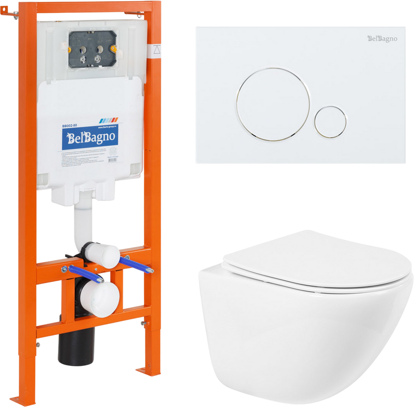 Комплект Унитаз подвесной BelBagno Amanda BB051CHR безободковый, крышка BB051SC, инсталляция BB002-80 с кнопкой BB014-SR-BIANCO