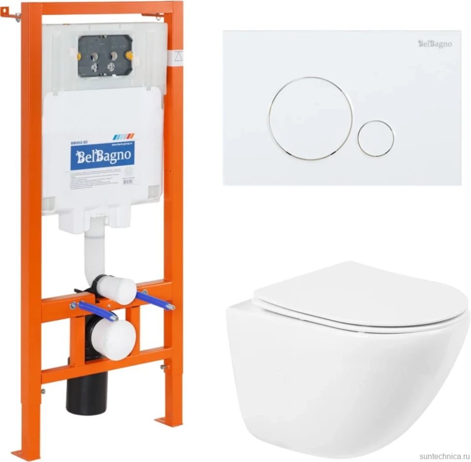 Комплект Унитаз подвесной BelBagno Amanda BB051CHR безободковый, крышка BB051SC, инсталляция BB002-80 с кнопкой BB014-SR-BIANCO