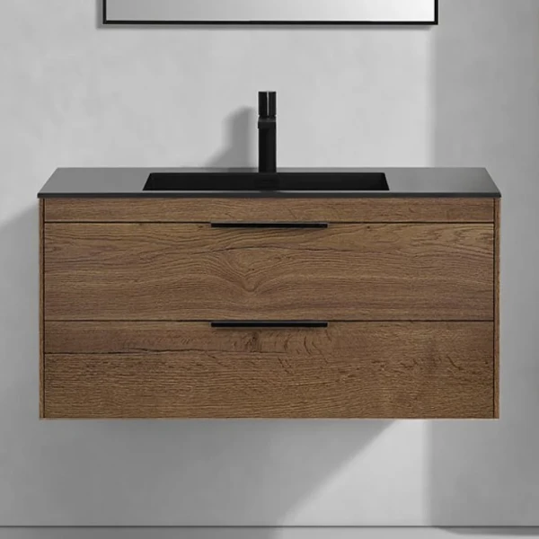 Тумба с раковиной Vincea Chiara 2D 100, 2 ящика, дуб табак, с черной раковиной