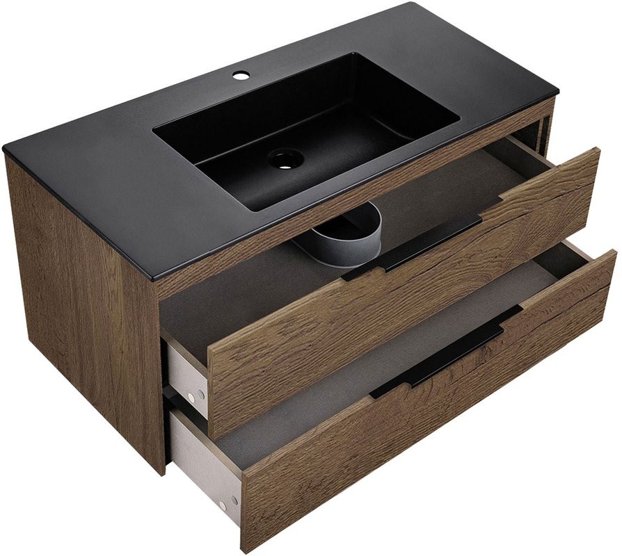 Тумба с раковиной Vincea Chiara 2D 100, 2 ящика, дуб табак, с черной раковиной