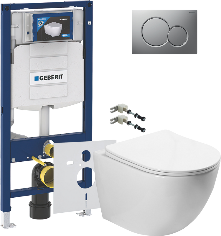 Комплект Унитаз подвесной SantiLine SL-5005 безободковый, с микролифтом + Крепления Geberit Duofix 111.815.00.1 к стене + Звукоизоляция + Инсталляция UP 320 111.300.00.5 + Кнопка Sigma 01 115.770.JQ.5 лакированная, матовый хром