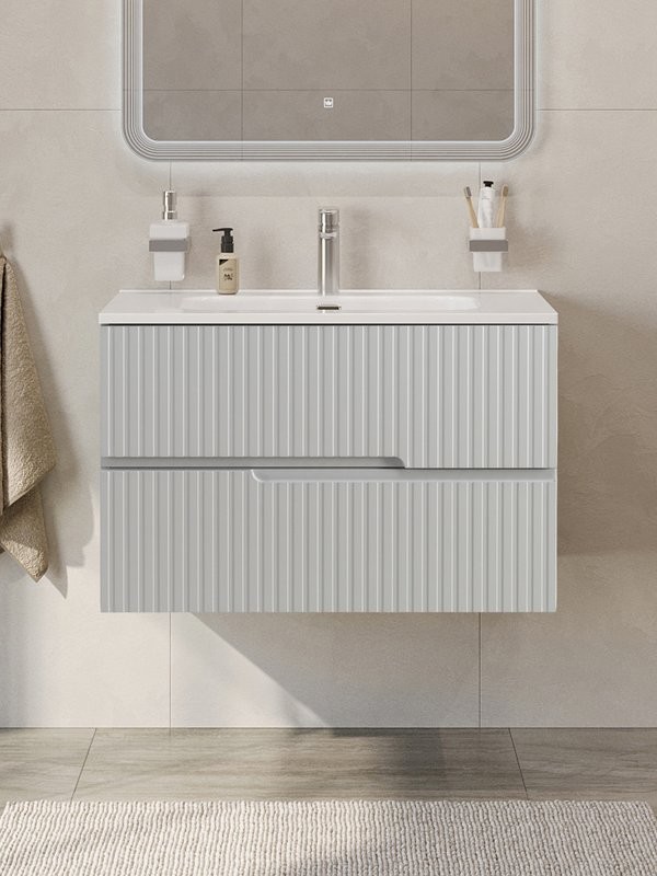 Тумба с раковиной Cezares Duet-n 80 подвесная, 2 ящика, жемчужная серая, раковина CZR-8095-80