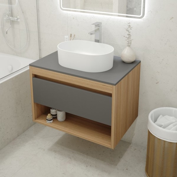 Тумба с раковиной Teymi Ritta 75 дуб эврика, матовый графит, раковина Iva 46