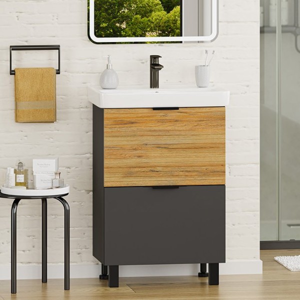 Тумба с раковиной Misty Форест 60 напольнаая, дуб вотан, антрацит