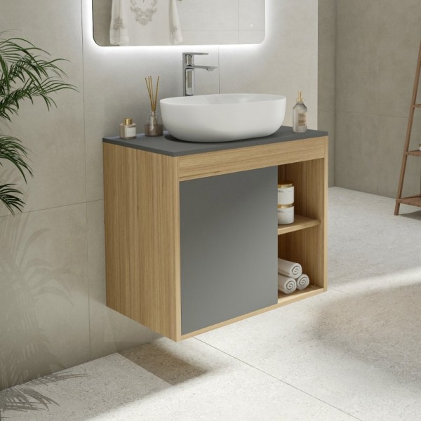 Тумба с раковиной Teymi Nura 70 дуб эврика, матовый графит, раковина Solli 48