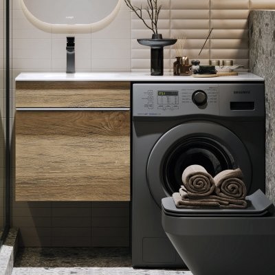 Тумба с раковиной Aqwella Terra 53 L подвесная, под стиральную машину, дуб балтийский