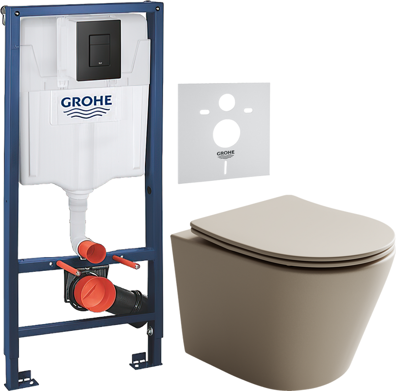 Комплект Унитаз подвесной Ceramicanova Balearica Rimless CN6000MC капучино матовый + Звукоизоляция Grohe + Инсталляция Solido 38811KF0 3 в 1 с кнопкой смыва