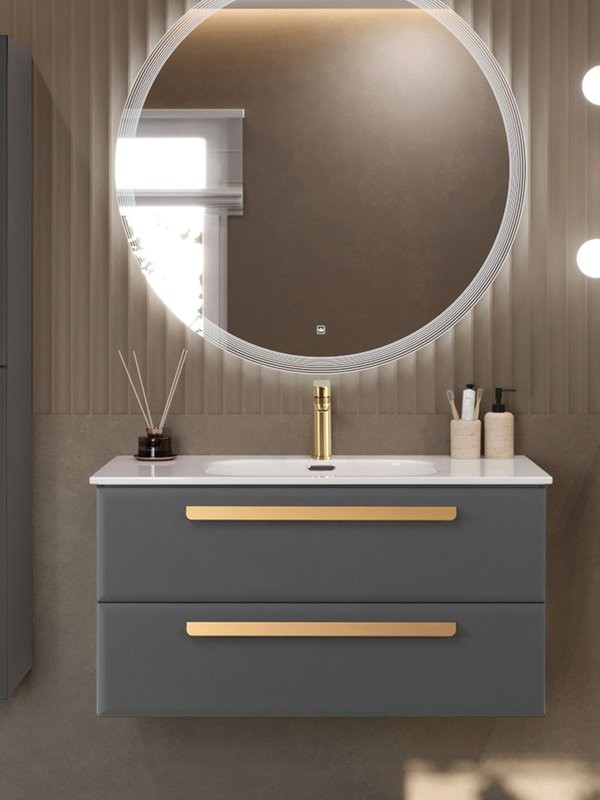 Тумба с раковиной Cezares Eco-Cer-N 100 темно-серая матовая, раковина CZR-8095-100, ручки сатиновое золото