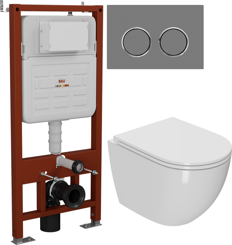 Комплект Унитаз подвесной Bauedge Bau Dream безободковый, с микролифтом, белый + Инсталляция Ideal + Кнопка Round серый металлик