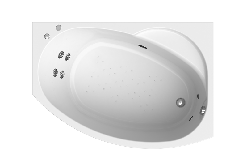 Акриловая ванна Radomir Монти Стандарт 150x105 см, угловая, правая, пристенная, с гидромассажем, белая, асимметричная, с каркасом, с экраном, с сиденьем, со сливом-переливом