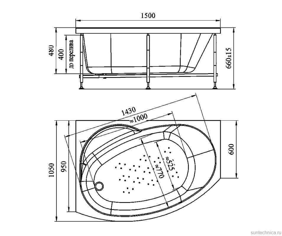 Акриловая ванна Radomir Монти Стандарт 150x105 см, угловая, правая, пристенная, с гидромассажем, белая, асимметричная, с каркасом, с экраном, с сиденьем, со сливом-переливом