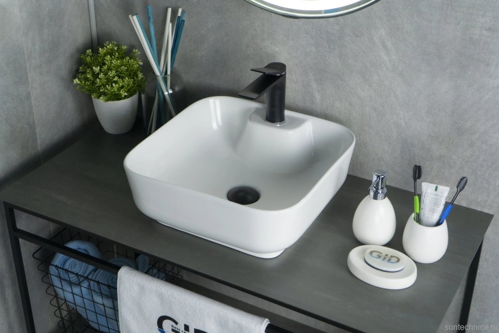 Накладная раковина GID Geometrico N9443 41 глянцевая белая, квадратная, фаянс, с 1 отверстием под смеситель
