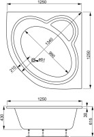 Акриловая ванна Vagnerplast Catalina mini 125x125 см, угловая, пристенная, белая, четверть круга, с каркасом, с сиденьем