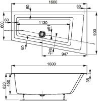 Акриловая ванна Vagnerplast Cavallo offset R 160x90 см, угловая, правая, пристенная, белая, асимметричная, с каркасом
