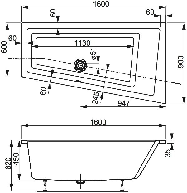 Акриловая ванна Vagnerplast Cavallo offset R 160x90 см, угловая, правая, пристенная, белая, асимметричная, с каркасом