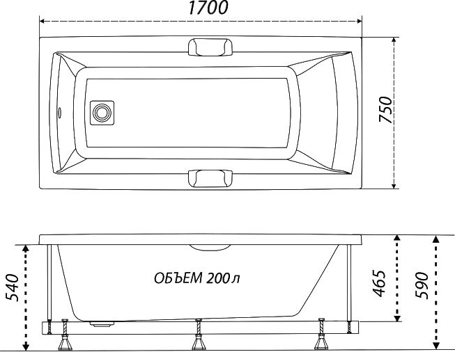 Акриловая ванна Triton Алекса 170x75 см, пристенная, белая, с каркасом, с ручками