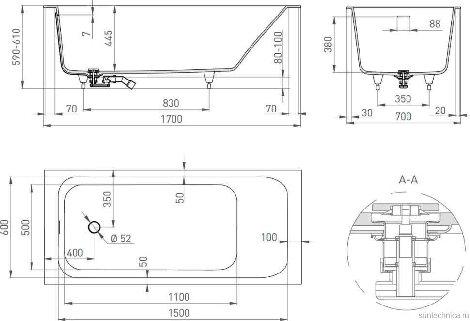 Ванна из искусственного камня Salini Orlanda Kit S-Stone 170x70 см, встраиваемая, матовая белая, на ножках, со сливом-переливом, с донным клапаном