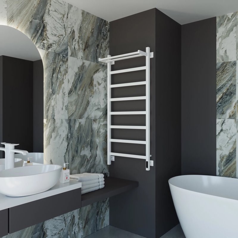 Полотенцесушитель электрический Grota Lore 530х1200 RAL9016 EL 120x55 см, подключение справа, слева, скрытое подключение справа, матовый белый, лесенка, из стали, с полкой