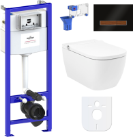 Комплект Lavinia Boho Унитаз подвесной Smart V-Clean 3359101R безободковый, с микролифтом + Инсталляция RelFix 38010010 + Кнопка RelFix 38050702 глянцевая черная, темное дерево + Дозатор RelFix 38040010