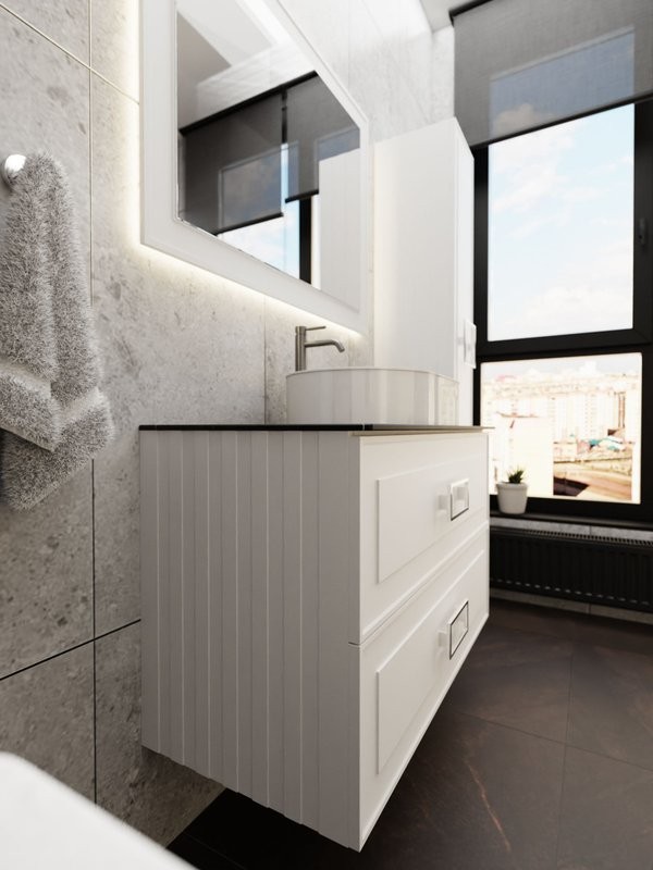 Тумба под раковину со столешницей La Fenice Cubo Twin 100 подвесная, белая, столешница черный мрамор, ручка белая