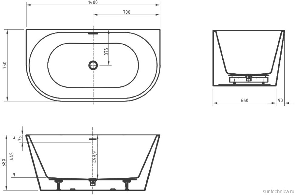 Акриловая ванна BelBagno BB710-1400-750 140x75 см, пристенная, белая, овальная, со сливом-переливом, с донным клапаном