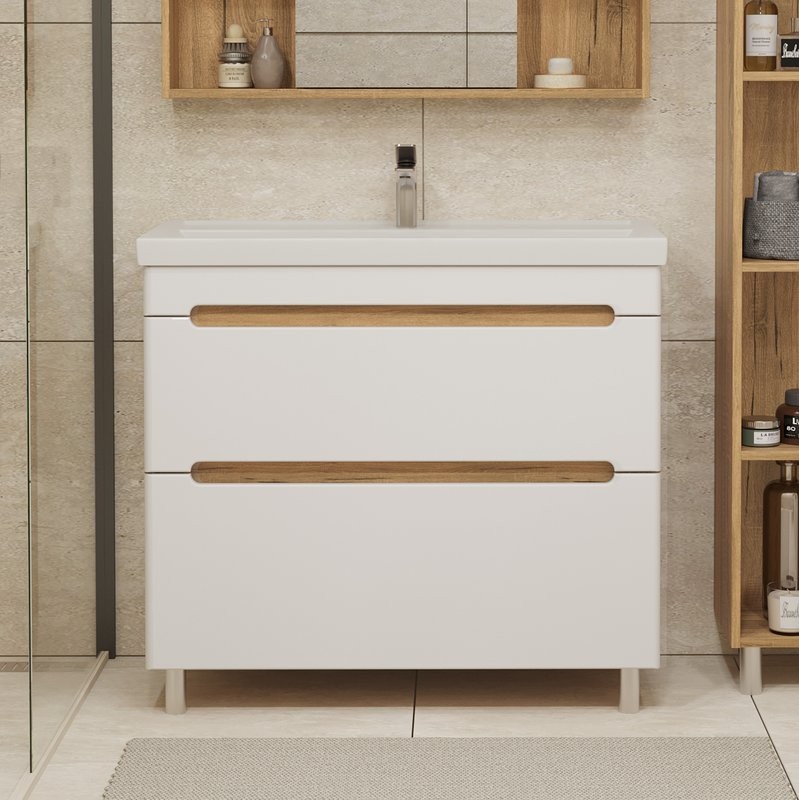 Тумба под раковину без столешницы SanStar Diva 100 напольная, матовая белая, дуб вотан