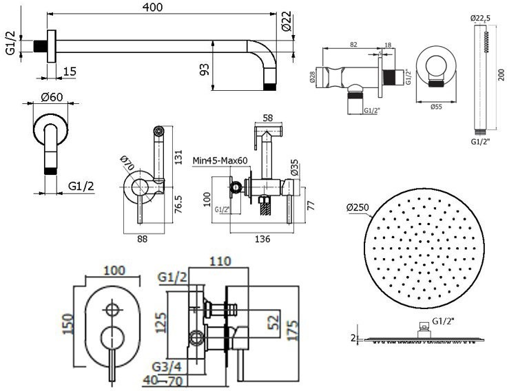 Комплект для ванной Plumberia Selection Ixo KITZXO15NO С ВНУТРЕННЕЙ ЧАСТЬЮ, черный матовый