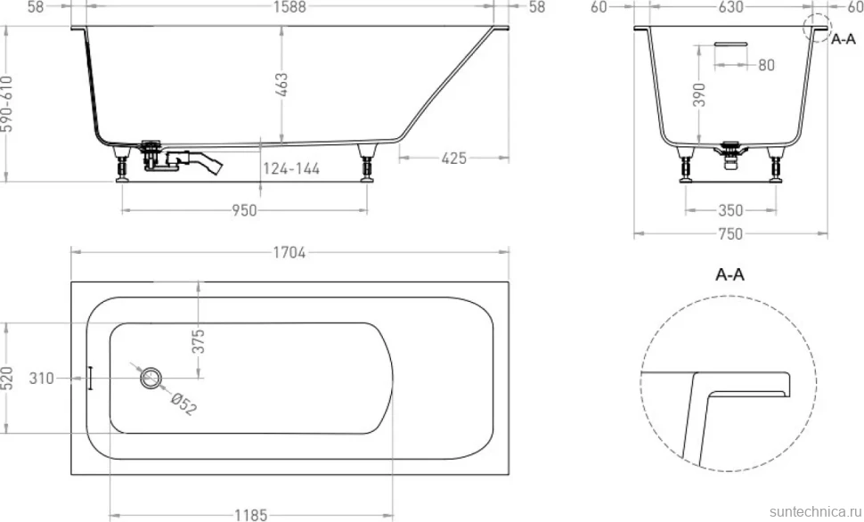 Ванна из искусственного камня Salini Orlanda Kit S-Sense 170x75 см, встраиваемая, матовая белая, на ножках, с донным клапаном