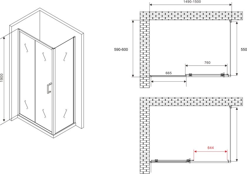 Душевой уголок Abber Schwarzer Diamant AG30150B5-S60B5 150x60, профиль черный, стекло прозрачное
