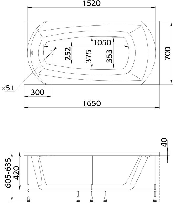 Акриловая ванна 1MarKa Elegance Стандарт 2 165x70 см, встраиваемая, белая, с каркасом, со сливом-переливом