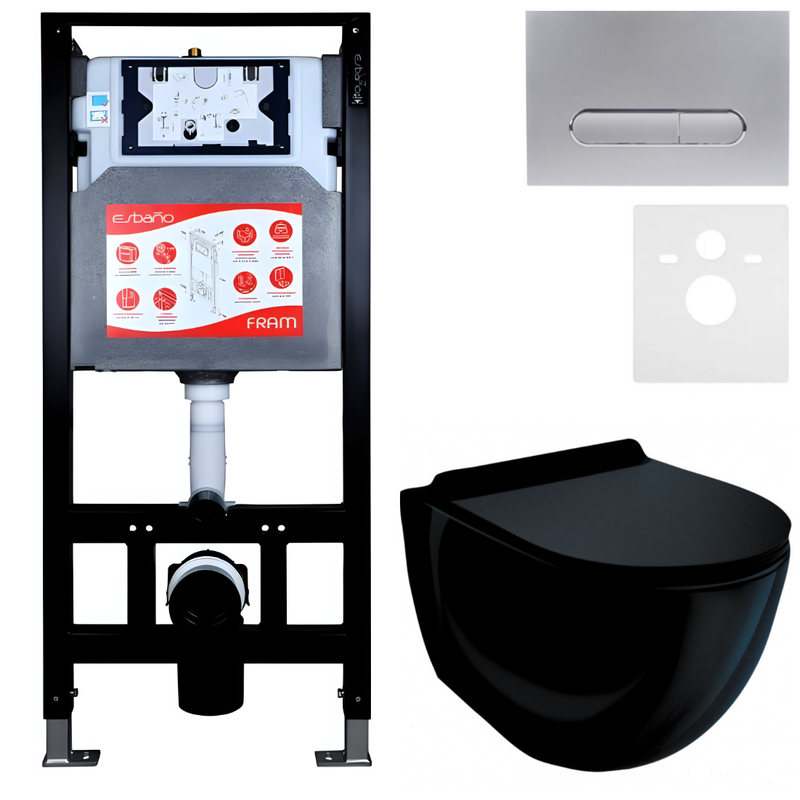 Комплект Унитаз подвесной Esbano Garcia ESUPGARCB черный глянец + Инсталляция Fram + Кнопка ESINOVL17MC