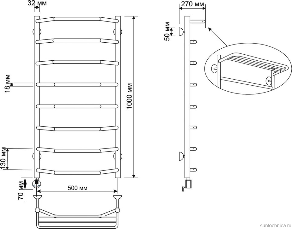 Полотенцесушитель электрический Secado Агата 3 105x55 см, подключение слева, бронза, лесенка, латунь, с полкой