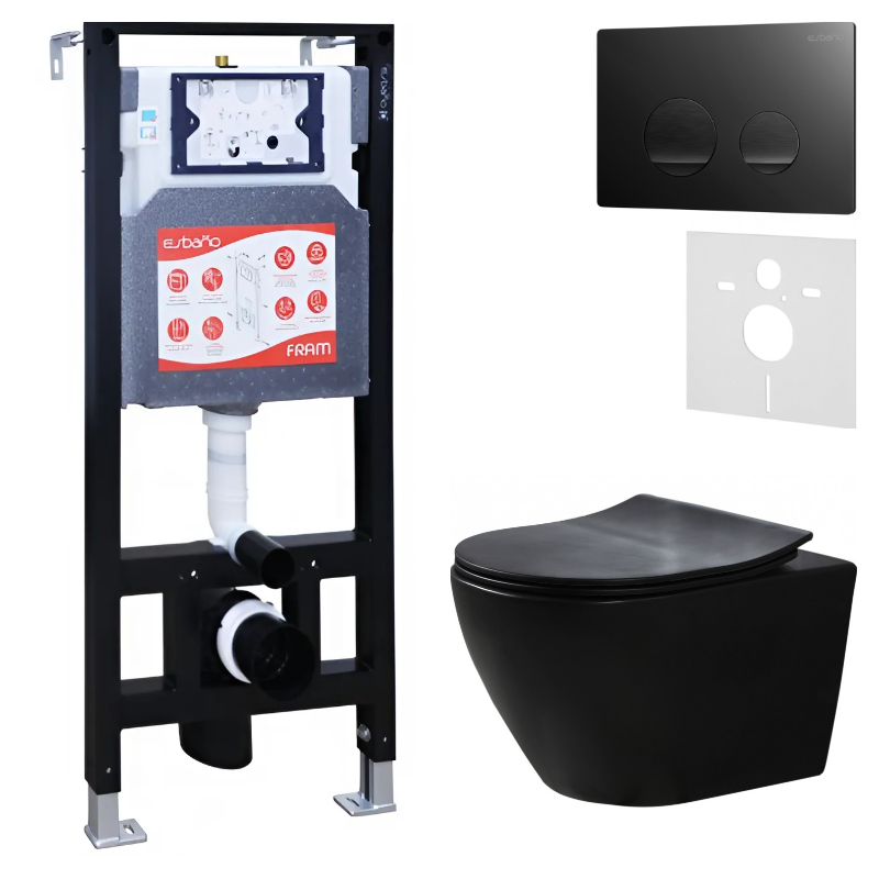 Комплект Унитаз подвесной Esbano Amapola ESUPAMAPBM матовый черный + Инсталляция Fram + Кнопка ESINSLM37MB