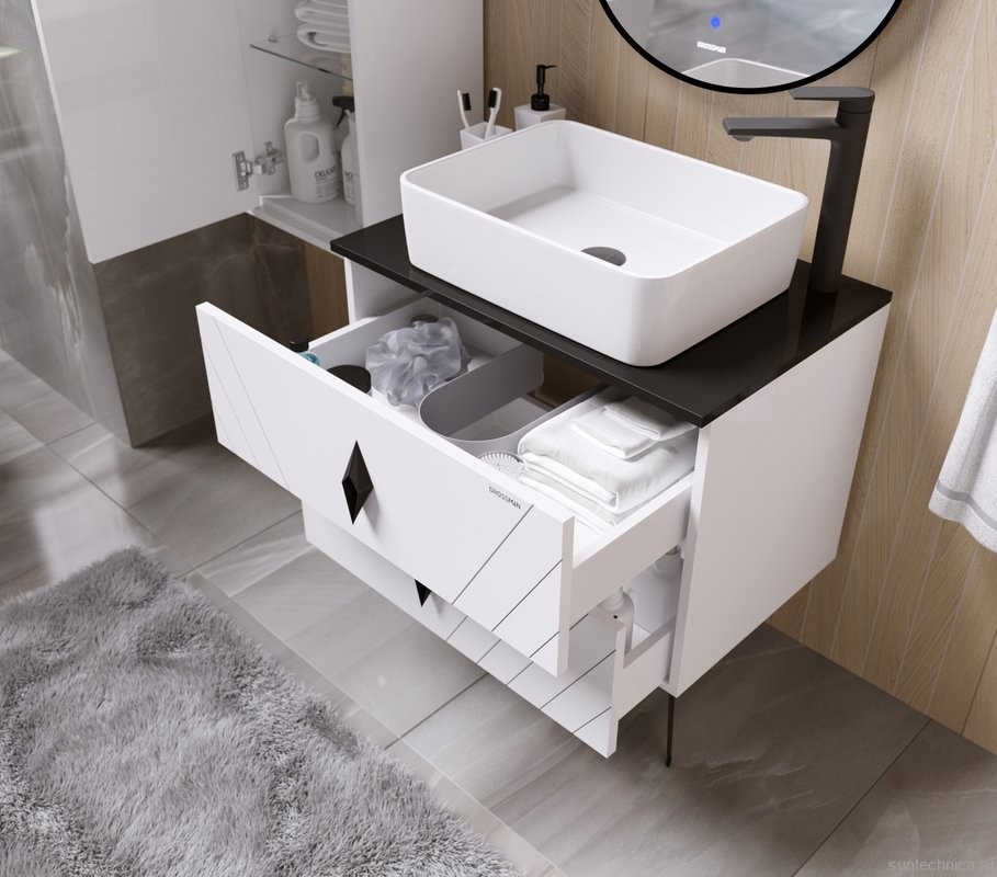 Мебель для ванной комнаты Grossman Вива 70 белый глянец, столешница черная