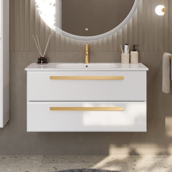 Тумба с раковиной Cezares Eco Cer 100 ручки сатиновое золото, bianco opaco