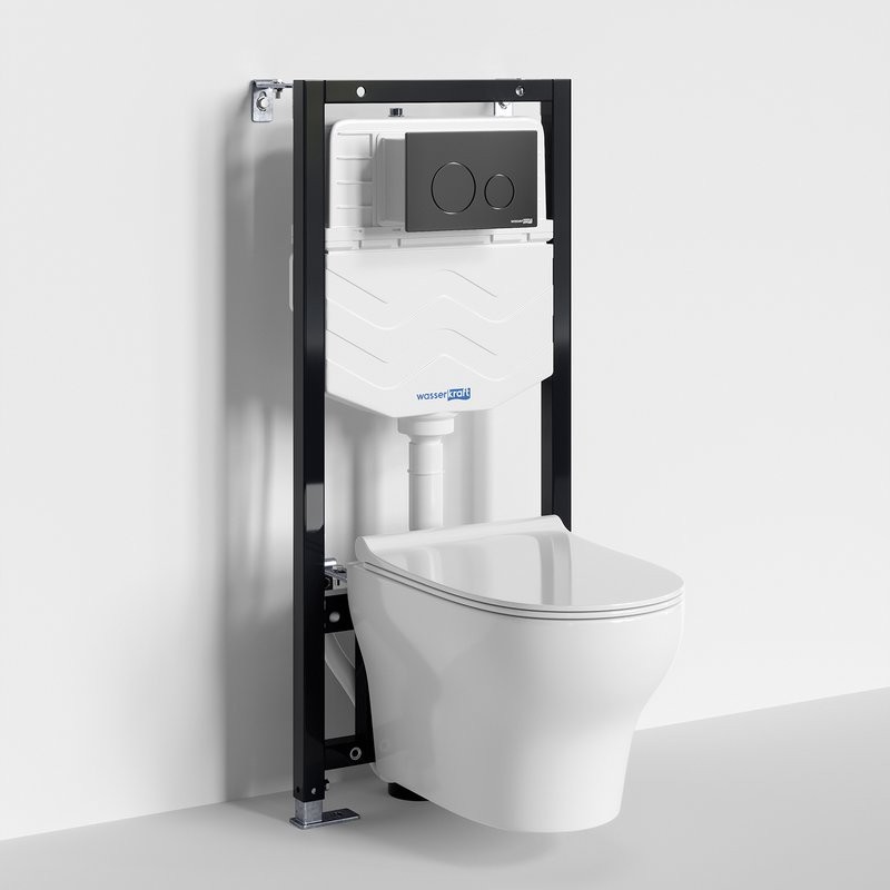 Комплект Унитаз подвесной WasserKRAFT Berkel H001 безободковый + Крышка для унитаза E034 + Система инсталляции для унитазов Aller 10TLT.010.ME + Кнопка смыва MB02