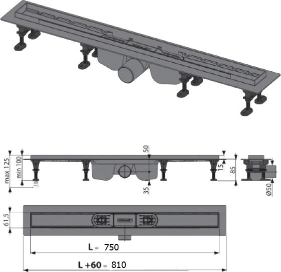 Душевой трап (лоток) AlcaPlast Optima APZ12-750 с опорами